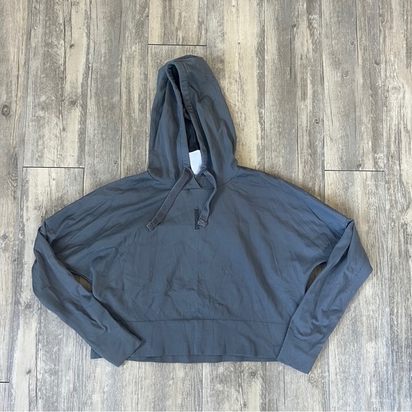 Gymshark Sweaters - Gymshark Grey Cropped Drawstring Hoodie with Gym Shark Logo on Front